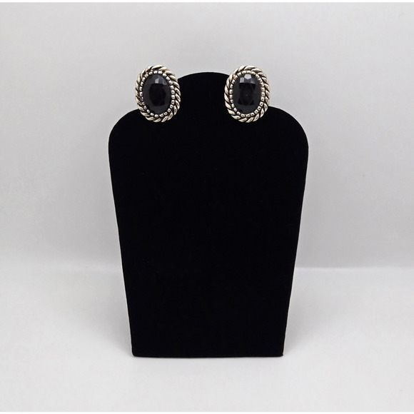 Vintage Earrings Black Oval Lucite Stone Chunky Silvertone Clip On Retro Classic - Picture 11 of 12